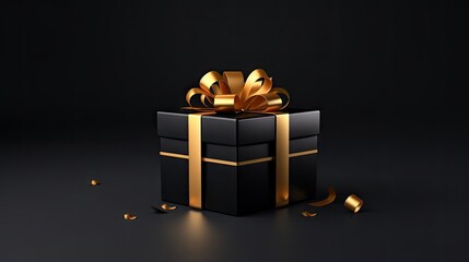 Minimal product background for Christmas, New year and sale event concept. Black gift box with golden ribbon bow on black background. 3d render illustration. Clipping path of each element included.