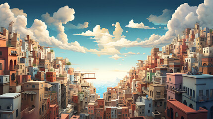 Fototapeta premium An image of a surreal cityscape, where buildings are made of giant puzzle pieces, floating in the sky and fitting together seamlessly, symbolizing the interconnectedness and harmony of urban li