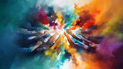 An abstract representation of the concept of unity, with diverse hands of people from all walks of life joining together to form a vibrant, interconnected network, symbolizing the strength and