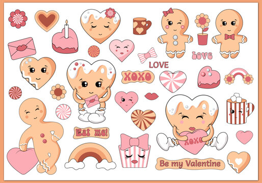 cute cartoon stickers for valentine 's day. cute stickers for valentines day with a cute a heart shape. cartoon characters. vector illustration