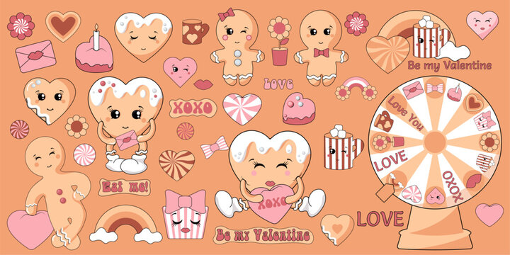 big set of stickers of with heart and gingerbread characters. cartoon heart character, vector illustration.
