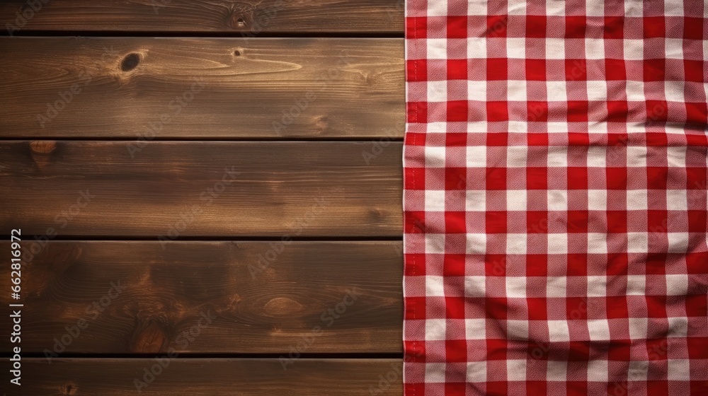 Aufkleber Red checkered tablecloth on empty wooden table. Napkin close up top view mock up for design. Kitchen rustic background.
