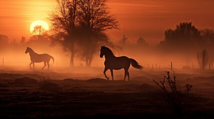 Silhouette of horses in a foggy field during a sunrise.