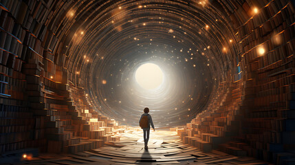 Produce a thought-provoking visual of a person walking through a tunnel of books, each book radiating light and knowledge, representing the transformative journey of education and enlightenment