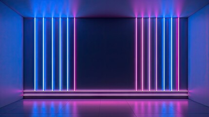 3d render, abstract minimal neon background with glowing lines. Dark wall illuminated with modern luminescent lamps. Blue pink wallpaper