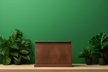 Elegant Wooden Podium Mockup Vibrant Green Wall with Middle Space for Product