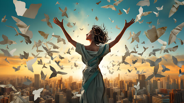 Craft an image of a person with wings made of paper, soaring above a cityscape filled with floating origami birds, embodying the idea of artistic expression, creativity, and freedom of thought 