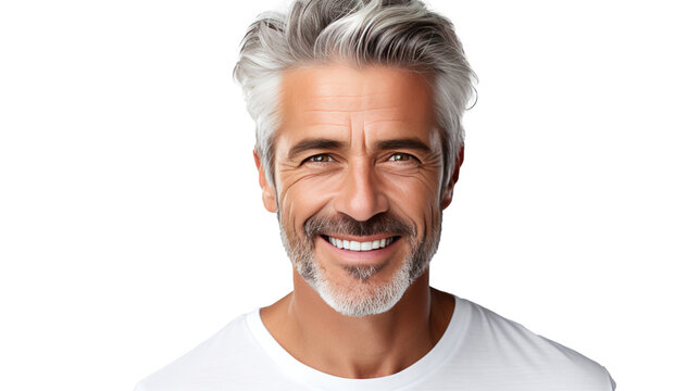a closeup photo portrait of a handsome old mature man smiling with clean teeth, png transparent, generative ai