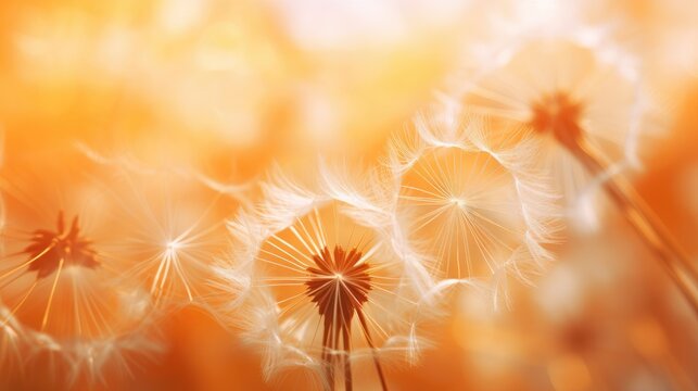 Abstract macro photo of dandelion seeds. Orange background. Shallow focus.