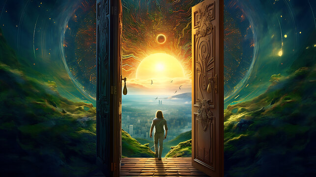 Design an image of a person holding a key that unlocks a door to a world of endless possibilities, with vibrant landscapes and fantastical realms visible through the open door, symbolizing the potenti