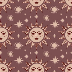 Sun with face and stars seamless pattern.Vector boho ornament.