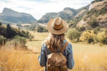 Young woman with backpack hiking in the mountains. Travel and adventure concept.