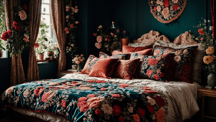 Modern bedroom with elegant Floral pattern Traditional Mexican embroidery pattern and velvet bedding