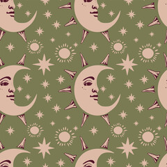 Vector seamless pattern moon with face and stars on a green background.Seamless astrological boho ornament.