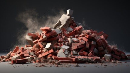 Construction waste. A pile of red broken bricks, concrete debris and rubble. Demolition rubble - obrazy, fototapety, plakaty