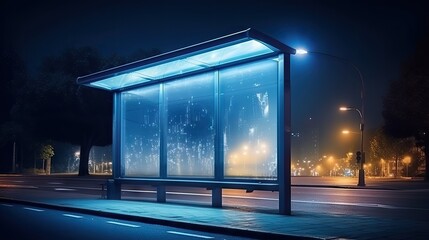blank billboard bus stop night with lights cars passing by. Resolution and high quality beautiful photo - obrazy, fototapety, plakaty