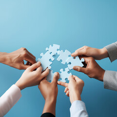 Concept of business hands holding a jigsaw puzzle on pastel blue background 4k

