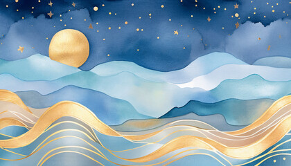 Magical ocean waves illustration background. Blue, yellow, teal watercolor water wave fantasy backdrop. Nautical wavy  sunny sky clouds painting banner for kids, children, babies nursery 