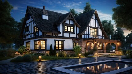 Fototapeta na wymiar 3d rendering of cute cozy white and black modern Tudor style house with parking and pool for sale or rent with beautiful landscaping. Fairy roofs. Clear summer night with many stars on the sky.