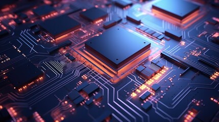 Close up of circuit board interior of a computer with neon lights in detail, circuit board