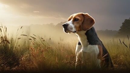 beagle dog looking into the distance on foggy meadows - obrazy, fototapety, plakaty