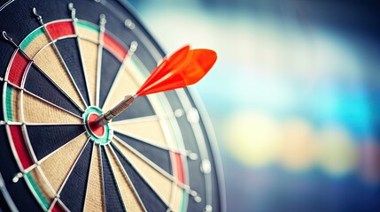 Obraz premium Dart in bulls eye of dartboard with blue sky background concept for hitting target, goal and success