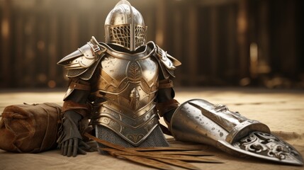 3D illustration of armor of God with helmet of salvation, breastplate of righteousness, belt of truth, shoes of readiness, sword of the spirit and shield of faith from Ephesians 6:13-14 bible verse. - obrazy, fototapety, plakaty