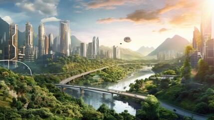 Futuristic sustainable green city, concept of city of the future based on green energy and eco...