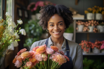 Black woman with bouquet, flowers and florist in greenhouse, small business owner and smile in portrait, Happiness, nature and entrepreneur with floral arrangement, Spring and vision with leadership