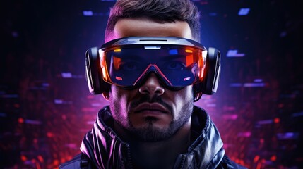 Naklejka na ściany i meble Portrait of a man wearing a cyberpunk headset, neon virtual glasses, and cyberpunk gear. A high-tech futuristic man from the future. The concept of virtual reality and cyberpunk. 3D. 3D Illustration