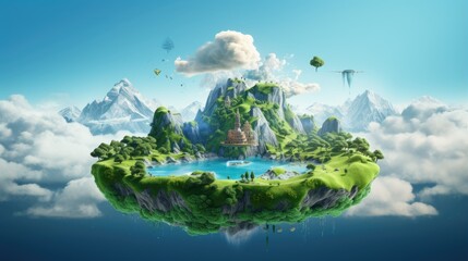 fantasy floating island with mountains, trees, and animals on green grass isolated with clouds. 3d illustration of flying land with beautiful land scape.
