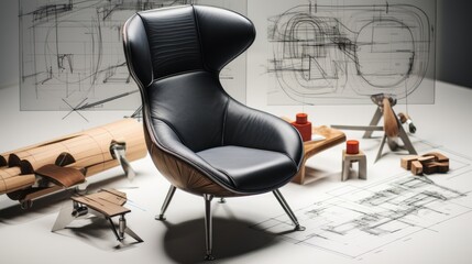 Designer sketching drawing design development product plan draft chair armchair Wingback Interior furniture prototype manufacturing production. designer studio concept .