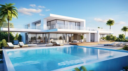 Fototapeta na wymiar Perspective of modern house with swimming pool on sea background, Exterior. 3d rendering.