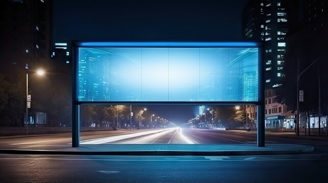blank billboard bus stop night with lights cars passing by. Resolution and high quality beautiful photo