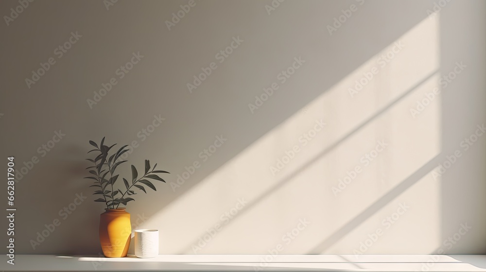 Poster Minimal window shadow overlay background. Product placement. Minimal product placement background with shadow on plaster wall. Creative product platform stage mockup.