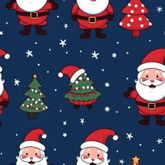 Naklejka premium Seamless pattern with christmas tree, santa cros, gifts and snowflakes on green background.