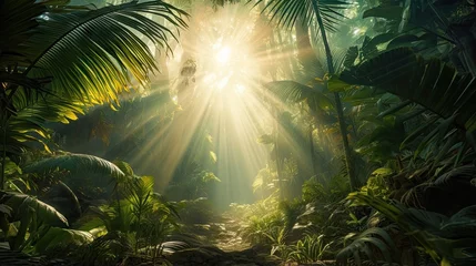 Deurstickers Toilet Beautiful magical palm, fabulous trees. Palm Forest jungle landscape, sun rays illuminate the leaves and branches of trees. Magical summer. 3d illustration