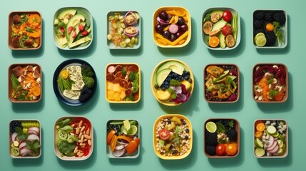 Lunchboxes on color table, flat lay. Healthy food delivery