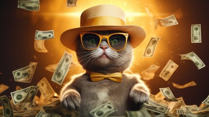 Funny rich boss cat with solar protection glasses, a hat and headphones is holding cash money dollars. Business and investment concept idea. Winning at a casino - obrazy, fototapety, plakaty