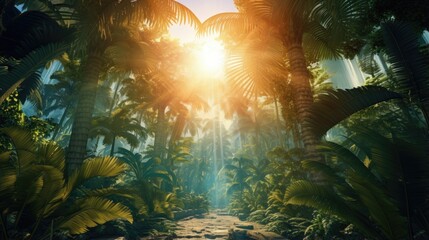 Beautiful magical palm, fabulous trees. Palm Forest jungle landscape, sun rays illuminate the leaves and branches of trees. Magical summer. 3d illustration - obrazy, fototapety, plakaty