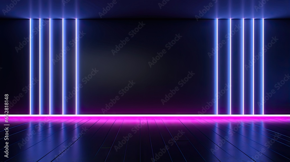 Aufkleber 3d render, abstract minimal neon background with glowing lines. Dark wall illuminated with modern luminescent lamps. Blue pink wallpaper