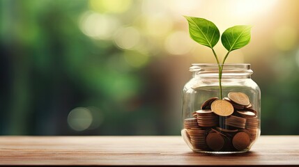 green plant growing on golden coin in glass jar on wood table in park with blur nature background. business financial banking saving concept. investment profit income. marketing startup success.