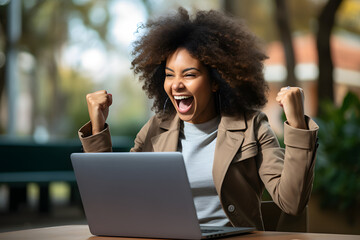 Excited happy businesswoman raising her hand happily with success face - obrazy, fototapety, plakaty