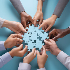 Concept of business hands holding a jigsaw puzzle on pastel blue background 4k
