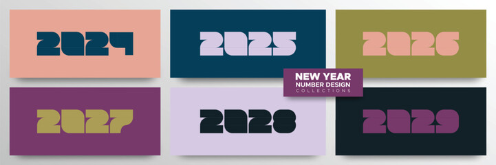 2024, 2025, 2026, 2027, 2028, 2029 number design concept for calendar and symbols. Creative concept of new year number with minimalist and unique design style - obrazy, fototapety, plakaty
