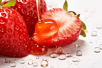 Strawberry with honey dripping from a wooden honey dipper.