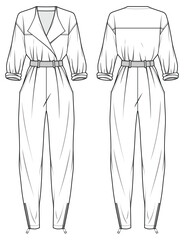Women's Classic lapel collar jumpsuit design flat sketch fashion illustration with front and back view, long sleeve overall belted wraparound jumpsuit with slim fit leg pant drawing vector template.