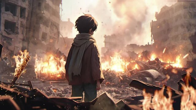 A boy in a city building destroyed by war, conflict, loop animation
