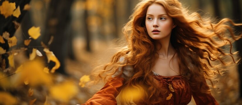 Gorgeous young woman with flowing red hair in a medieval dress strolling through the fall woods With copyspace for text