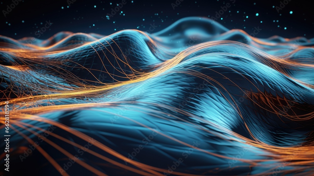 Leinwandbilder big data field of a stream of interlaced strings. 3d illustration of wavy cyberspace